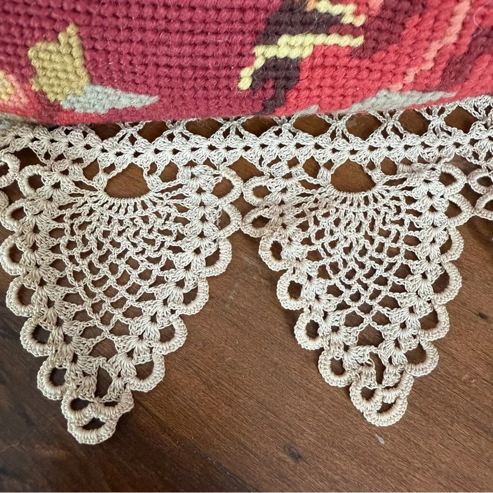 Vintage Needlepoint Angel Pillow Lace Trim 12x12 Romantic Heirloom Decor